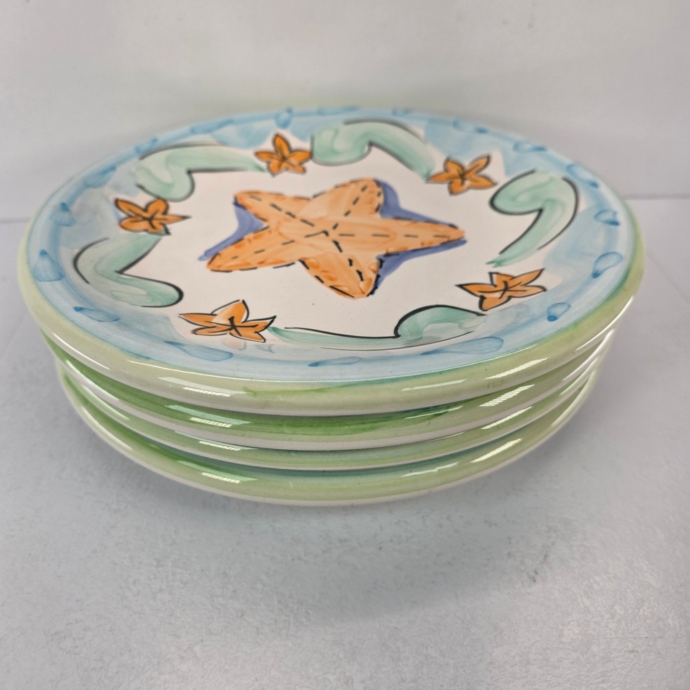 Set of 4 Bella Ceramica Starfish Coastal Dinner Plates Delray Green 9"
